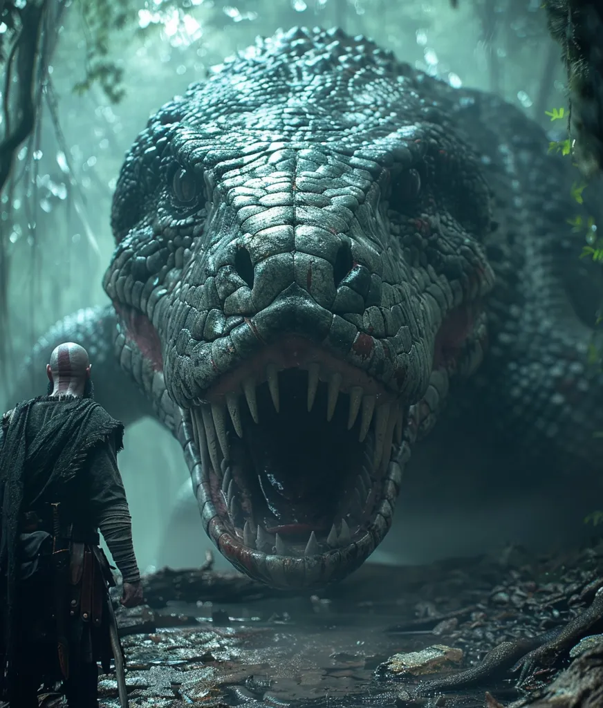 A man stands in a misty forest, facing a massive, serpentine creature. The creature's head is large and scaly, with a gaping maw full of sharp teeth. The man, dressed in a dark tunic, appears to be in the path of the creature, creating a tense atmosphere. The forest setting adds to the sense of danger and the unknown.