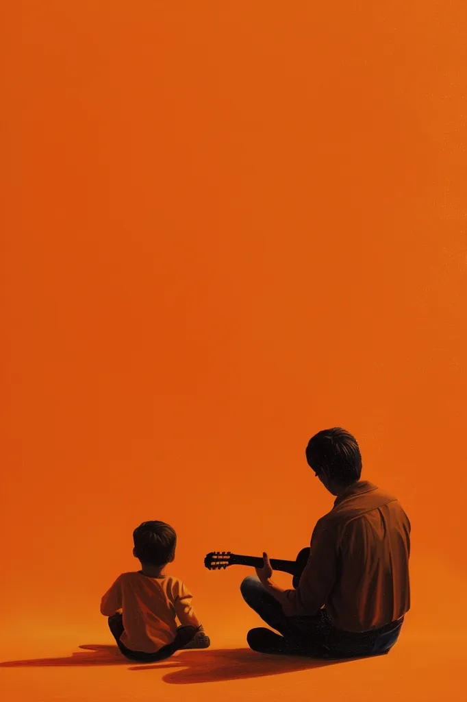 A man sits on an orange floor, playing an acoustic guitar, while a young boy sits beside him, looking attentively at the man. The man is facing away from the viewer, but the boy is looking at the man. The bright orange background emphasizes the simple composition and the intimate moment between father and son.  The scene evokes feelings of warmth and connection.