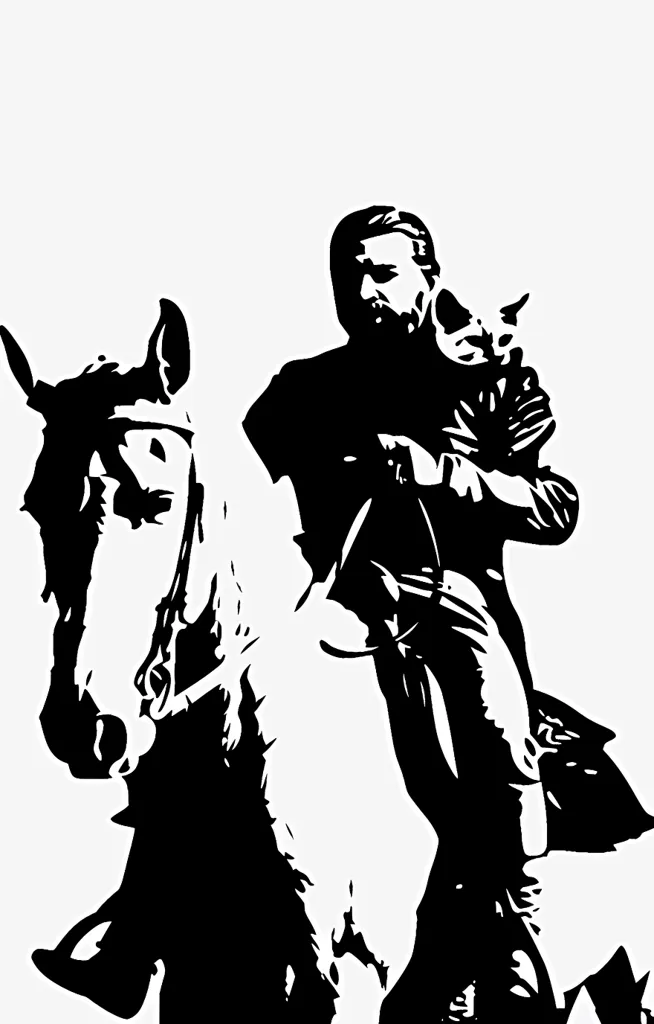 A black and white silhouette of a man riding a horse. The man is wearing a long coat and has a serious expression on his face. The horse is in mid-stride, its head and neck raised. The image is stark and dramatic, suggesting a sense of power and determination.