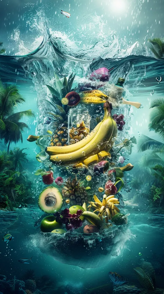 A wave of water crashes over a bounty of tropical fruits, including pineapples, bananas, avocados, and grapes. The fruits appear to be sinking into the deep blue ocean, leaving behind a trail of bubbles. The scene is surreal and vibrant, showcasing the beauty of nature and the power of the ocean.