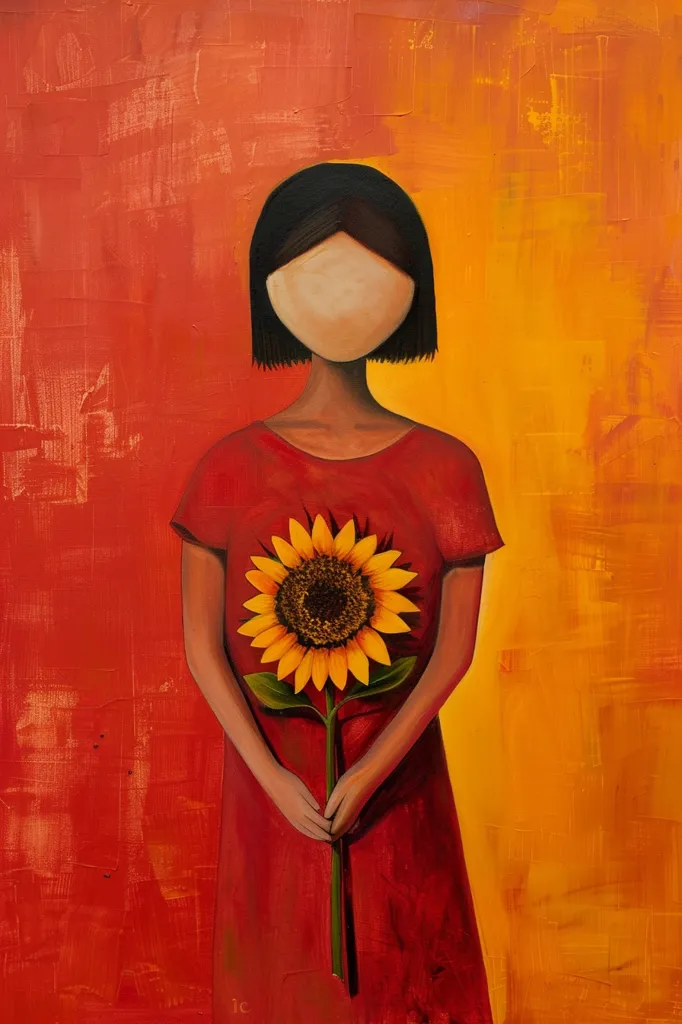 The painting depicts a woman in a red dress standing against a vibrant orange and red background. Her face is obscured by a white mask, while she holds a large sunflower in her hands. The brushstrokes are visible, adding texture and depth to the artwork. The image evokes a sense of mystery and intrigue, with the woman's obscured face and the symbolic sunflower drawing the viewer's attention.  The overall composition creates a striking contrast between the warm colors and the enigmatic figure, leaving room for interpretation.