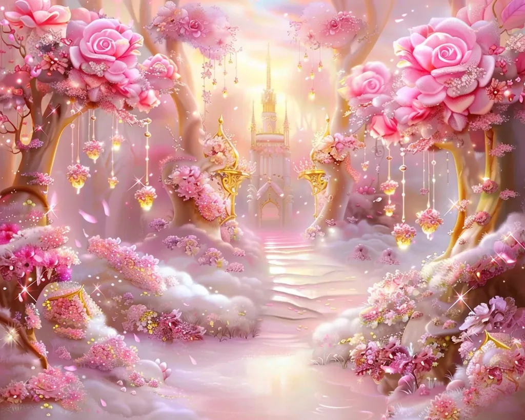 The image depicts a whimsical, fairy tale-like forest. Lush pink flowers adorn the trees, which are adorned with shimmering gold lights. A pathway leads toward a distant castle, bathed in a warm, golden glow. The soft, ethereal light and delicate details create a sense of magic and wonder.