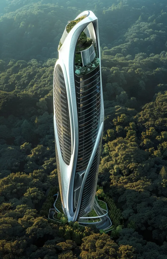 A sleek, modern skyscraper with a unique, flowing design rises above a dense forest. The building is primarily glass and metal, with a curved facade that resembles a wave.  It is surrounded by lush green trees, creating a striking contrast between nature and architecture.  The building appears to be tall and slender, with multiple floors visible.