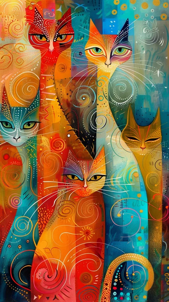 The image is an abstract painting of four cats. Their bodies are elongated and filled with swirling lines and vibrant colors. The background features a blue, orange and red color palette with intricate patterns. The cats' eyes stand out with their green and blue colors. The overall style is colorful and whimsical.