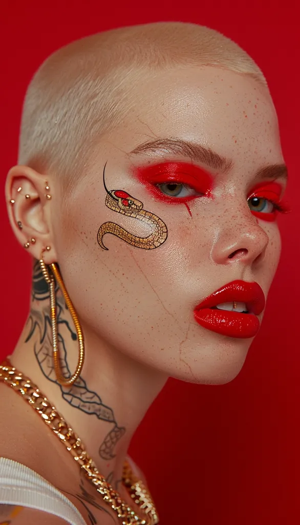 The image shows a close-up of a woman with a shaved head. She is wearing heavy red makeup with a gold snake tattoo on her cheek. Her lips are painted red, and she has a gold chain necklace around her neck. The background is red. The image is likely a portrait, as it focuses on the woman's face. She has a strong and confident expression.