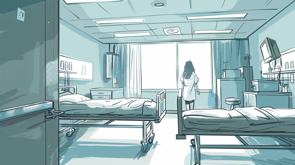 The image depicts a hospital room with two empty beds. A woman stands by the window looking out. The room is sterile and sparse, with only a few pieces of medical equipment visible. The scene suggests a feeling of loneliness and isolation.