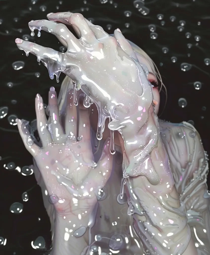 The image shows a person's hands and face covered in a viscous, translucent substance. The substance appears to be dripping and flowing, creating an eerie and unsettling effect. The background is dark and blurry, adding to the sense of mystery. The image is likely meant to evoke feelings of unease and discomfort.