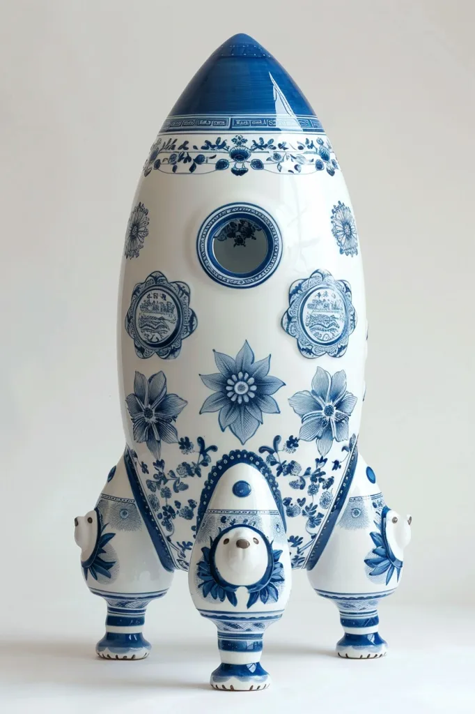 The image shows a ceramic rocket decorated in a classic blue and white Chinese porcelain style. The rocket has a rounded body with three legs, each ending in a stylized animal head. It is adorned with intricate floral patterns, geometric designs, and a central circular window. The porcelain piece is a unique and whimsical fusion of traditional Chinese art and modern space exploration.