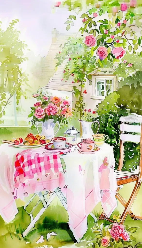 A watercolor painting depicting a peaceful outdoor setting. A table with pink checkered tablecloth is set for tea, with delicate china cups and saucers. A bouquet of pink roses in a vase adorns the table, while a rustic chair sits nearby. Lush greenery and a cottage in the background complete the picturesque scene, suggesting a tranquil summer afternoon.