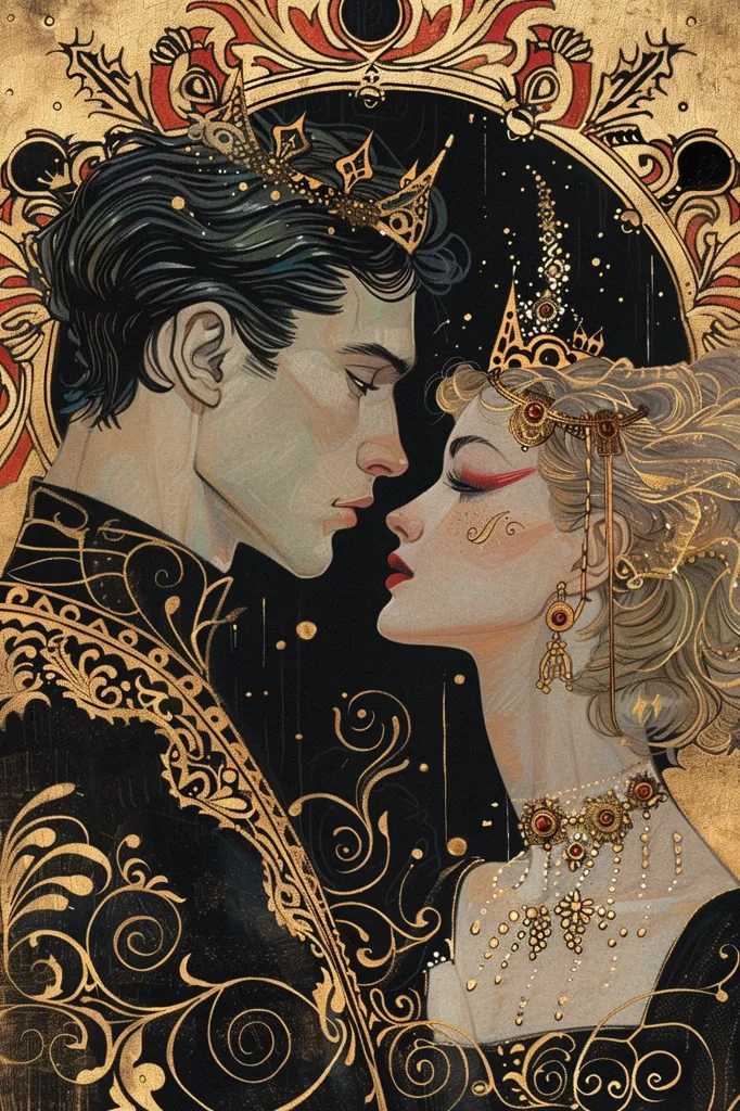 The image is a stylized portrait of a king and queen, their faces close together as they share a tender moment. They are both adorned in ornate gold crowns and jewelry. The image is set against a backdrop of swirling gold patterns, evoking a sense of regal elegance and grandeur.  The king's attire is black with gold accents, while the queen's is white with gold details. The image has a romantic and regal feel.