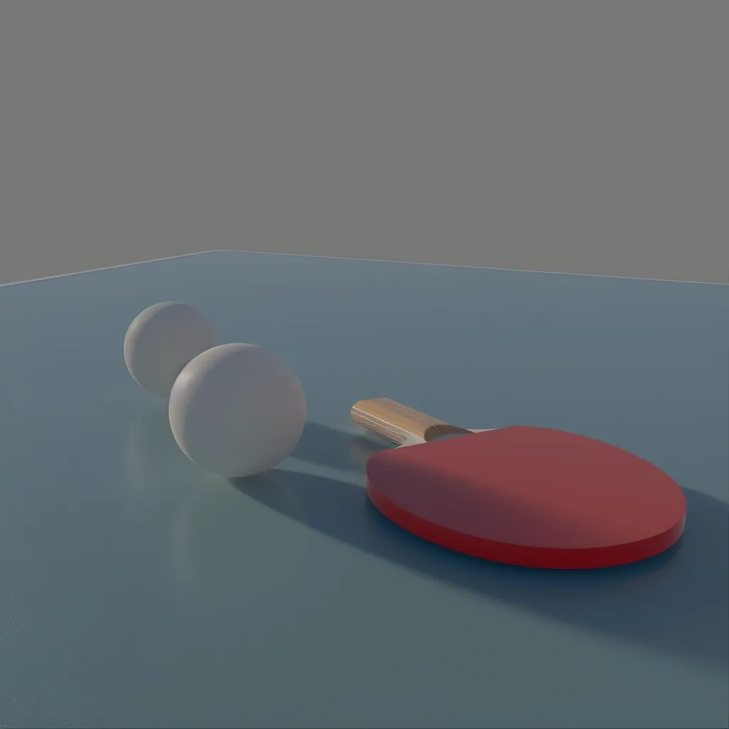 A red and wooden ping pong paddle lays on a blue table with two white ping pong balls in front of it. The table has a gray background. The image is rendered in a simple, clean style.