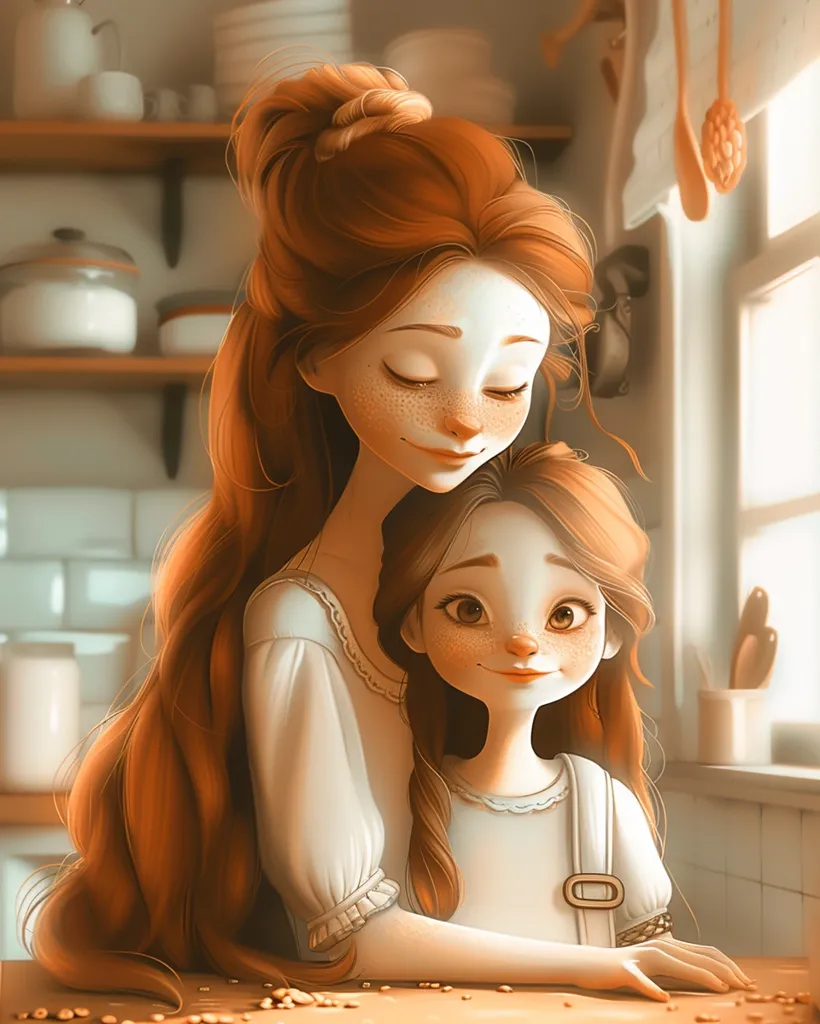 A mother and daughter are sitting at a kitchen table, both with long auburn hair and freckled faces. The mother is wearing a white blouse and the daughter a white dress with suspenders. They are both smiling, the mother with her eyes closed and the daughter looking at the viewer. The kitchen is filled with warm, natural light, creating a cozy and loving atmosphere.  The daughter is resting her head on the mother's shoulder.