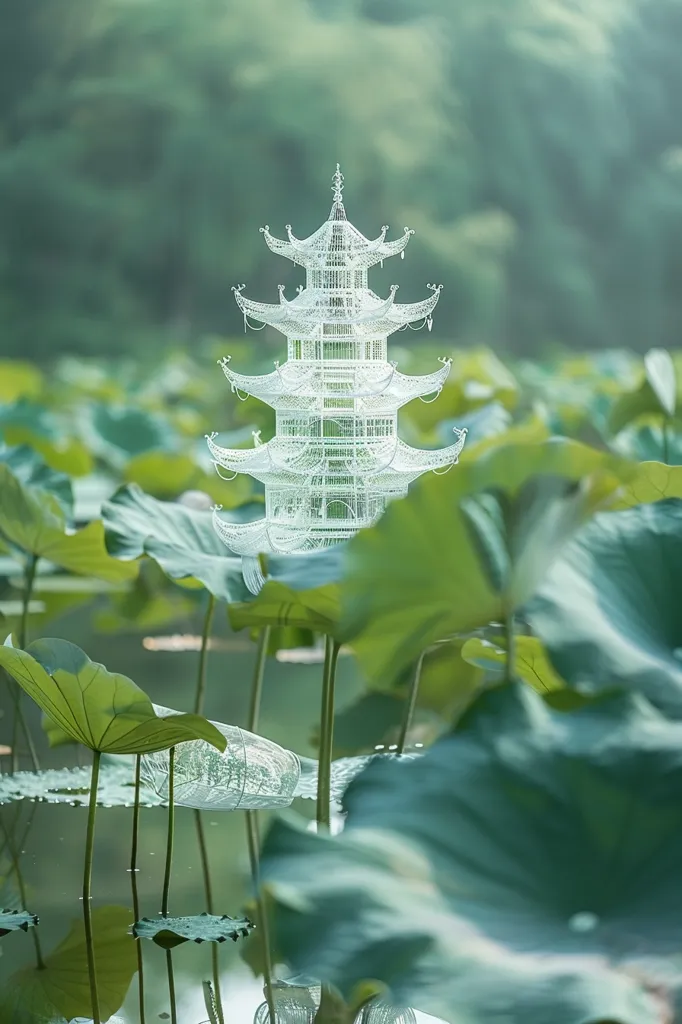 A delicate, white, pagoda-shaped structure stands amidst a bed of large, green lotus leaves. The structure's intricate details are visible against the soft, green backdrop, creating a sense of tranquility and ethereal beauty. The image captures a moment of serene stillness in nature.