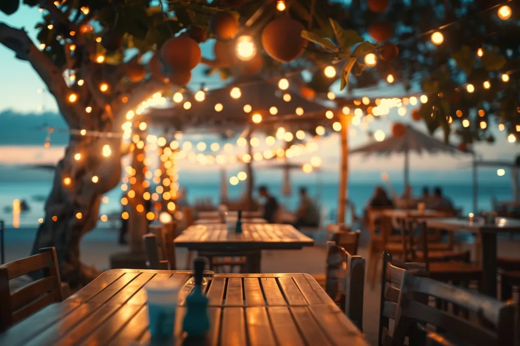 The image shows a beachside restaurant at dusk. Strings of lights hang from a tree, illuminating the wooden tables and chairs. The ocean is visible in the background, and the setting sun casts a warm glow over the scene. The atmosphere is relaxed and inviting, perfect for a romantic dinner or a casual meal with friends.  The focus is on a single table in the foreground, with its wooden slats and two glasses on the surface.