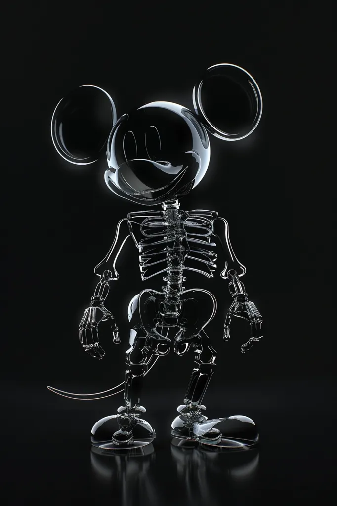 A glass skeleton of Mickey Mouse stands on a black background. The skeletal structure is transparent, revealing the internal bones of the character. Mickey's iconic features, including his large ears, round head, and gloved hands, are rendered in a clear glass material. The image evokes a sense of both whimsy and vulnerability, as the beloved character is stripped down to its bare essentials.