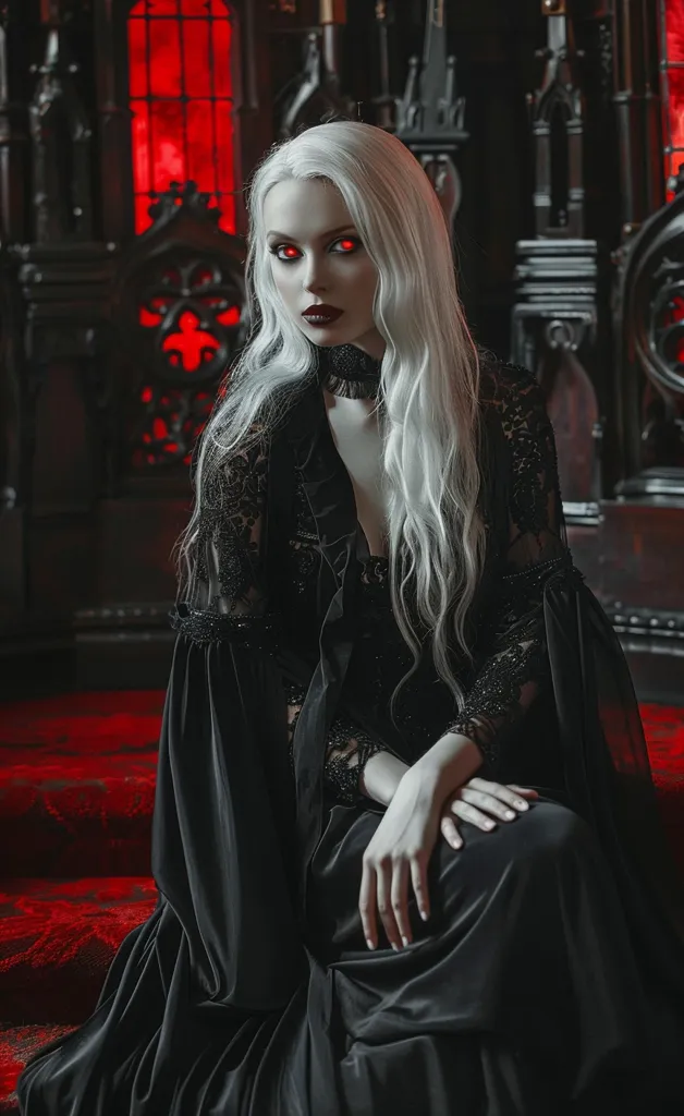 A woman with long, white hair and red eyes sits on a throne in a dark room. She wears a black, lace dress with a black choker around her neck. The throne is ornate and has red velvet cushions. There is a stained glass window in the background with red light shining through. The image has a gothic aesthetic.