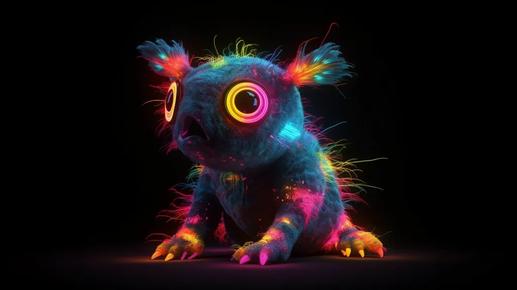 A fluffy, cartoon-like creature with large, glowing eyes sits on a dark background. The creature's fur is a vibrant mix of colors, including blue, pink, yellow, and green, creating a neon-like effect. The creature's paws are extended forward, as if it is about to move.  The creature's expression is playful and curious.