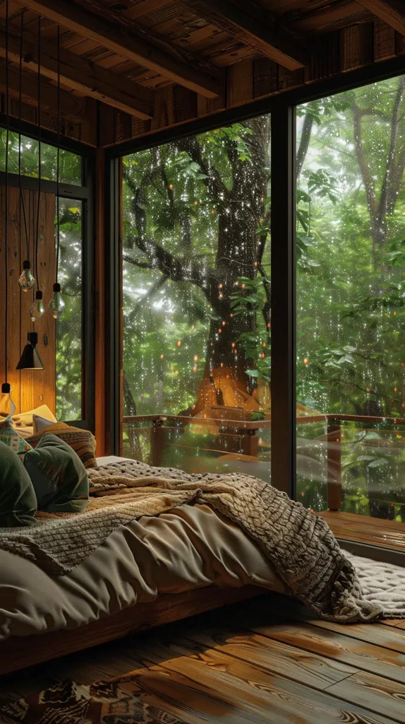 A cozy bedroom with a wooden bed and a large window overlooking a lush forest. The window is open, allowing the sound of rain and the fresh scent of nature to fill the room. The bed is adorned with soft blankets and pillows, inviting relaxation and a peaceful sleep. String lights hang from the ceiling, casting a warm glow.  The scene captures a sense of tranquility and escape from the hustle and bustle of everyday life.