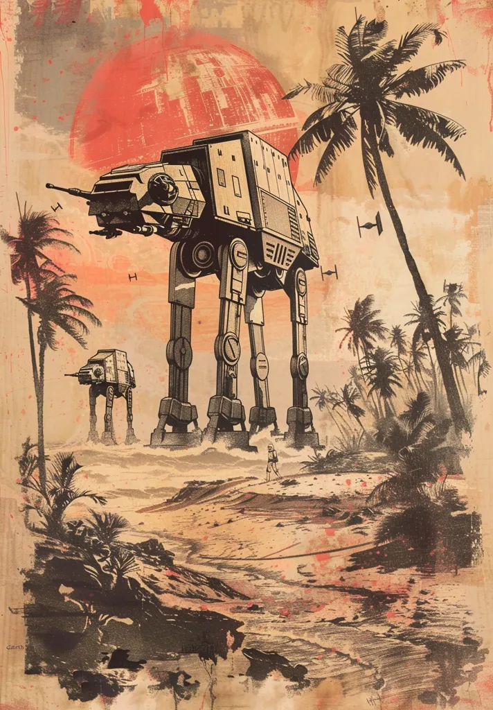 The image is a digital illustration of a large AT-AT walker from Star Wars standing on a beach with a palm tree in the foreground.  Behind the walker is a smaller AT-ST walker.  A red, hazy, planet-like object is in the background.  The image has a vintage, almost distressed look.  The background is a sandy beach with a few palm trees.  The image is meant to evoke a sense of nostalgia for the Star Wars franchise.