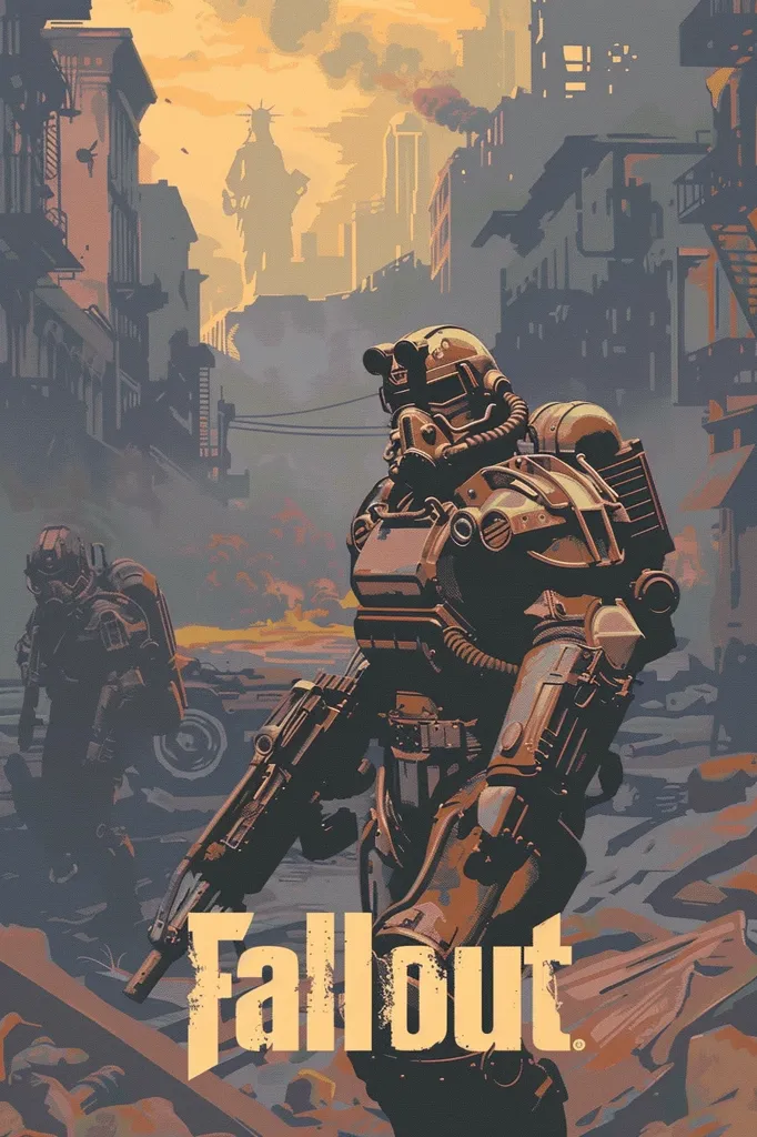 The image depicts a futuristic wasteland, likely inspired by the Fallout video game series. A towering figure in a power armor suit stands front and center, holding a large gun. In the distance, the silhouette of the Statue of Liberty can be seen, hinting at the location and the devastation that has occurred. The overall tone of the image is grim and post-apocalyptic. The word "Fallout" appears prominently in the foreground, emphasizing the theme of the image.