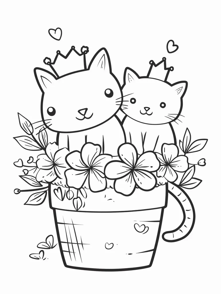 Two cats, one larger than the other, wear crowns and sit in a flower pot. The pot is filled with large flowers and surrounded by smaller flowers and leaves. Hearts are scattered around the drawing. The scene is in black and white and appears to be a coloring page.