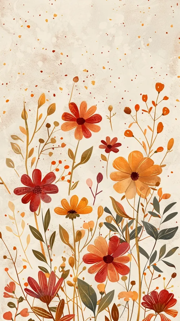 The image depicts a vibrant floral arrangement against a soft, beige background. It features a variety of flowers in warm autumnal hues of orange, red, and yellow. The flowers are rendered in a stylized, almost watercolor-like manner, with soft edges and delicate details. They are interspersed with long, slender stems and leaves, creating a sense of natural beauty and movement. The background is adorned with tiny specks of color, reminiscent of scattered flower petals or dust. Overall, the image evokes a sense of tranquility and the gentle charm of a blooming garden.