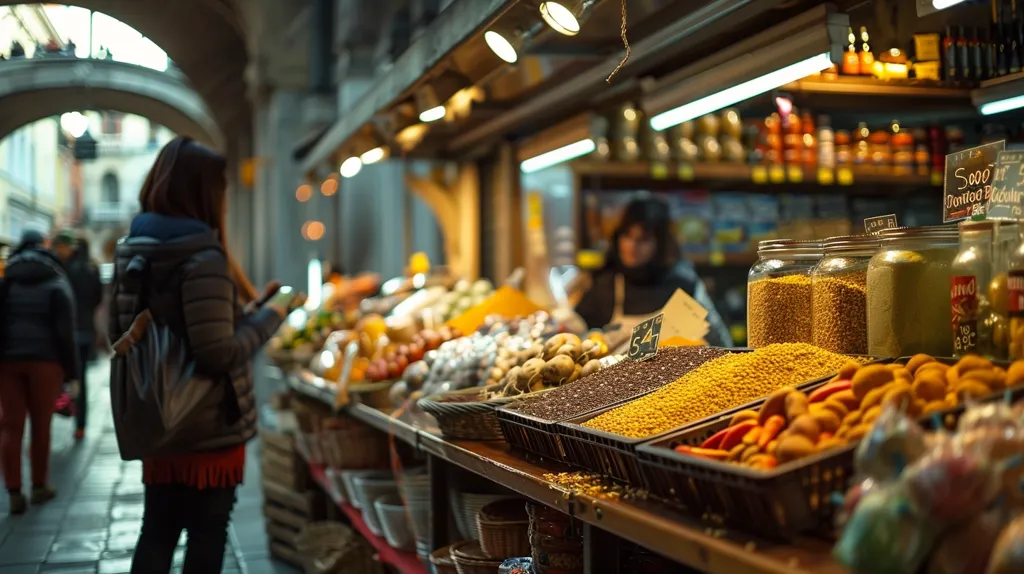 A bustling market scene with a woman browsing through various goods. Jars of spices and grains sit on a shelf, while a variety of fresh produce can be seen in the background. The market stalls are well-lit, and there is a sense of movement and activity. The image captures the energy and vibrancy of a traditional marketplace.