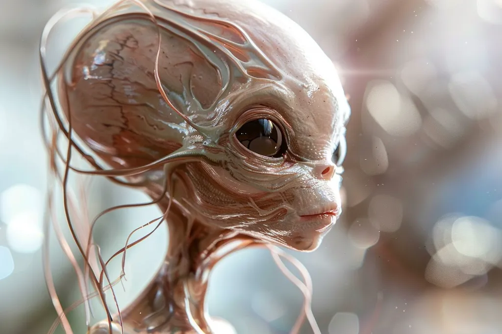 The image depicts a close-up of an alien's face. The alien has large, dark eyes and a smooth, pale skin with a network of fine lines running across it.  Its mouth is slightly parted, and it appears to be looking off to the side.  The background is a soft blur of light and dark colors.  The image is rendered in a photorealistic style.