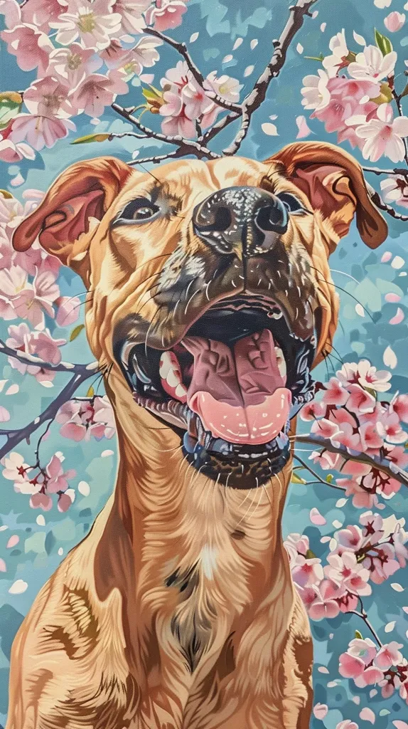 A close-up painting of a brown dog with its mouth open, showing its teeth and tongue. The dog is looking up at a branch of pink cherry blossoms. The painting is done in a realistic style, with detailed brushstrokes and vibrant colors. The background is a light blue with falling petals.