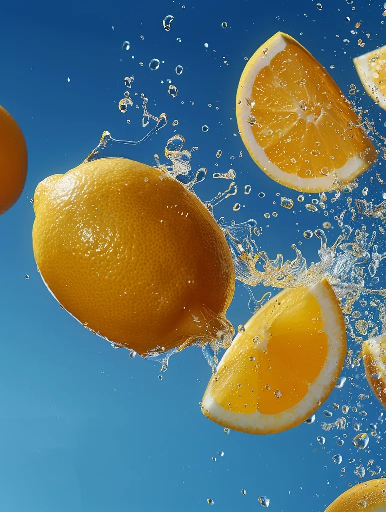 A whole lemon and three orange slices are suspended in midair against a bright blue background. Water droplets surround the fruit, creating a sense of motion and freshness. The vivid yellow of the citrus fruits contrasts beautifully with the clear blue of the background, making for a vibrant and summery image.