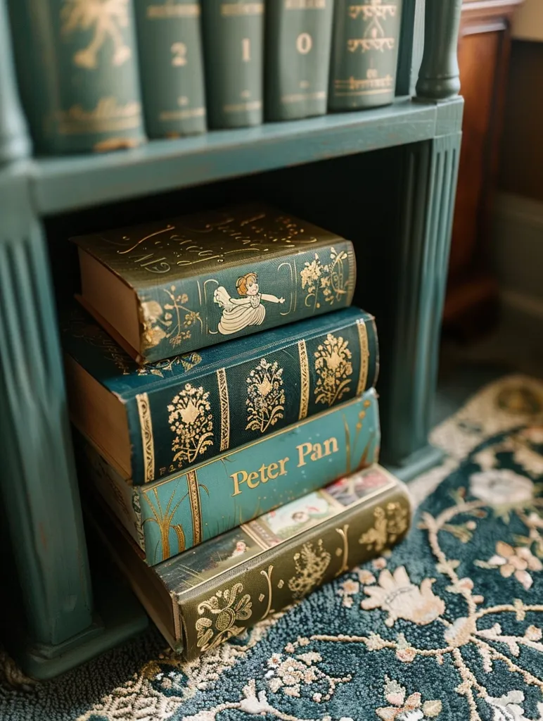 A stack of four antique books rests on a teal shelf, with the top book titled "Alice's Adventures in Wonderland". The books feature ornate gold detailing and are stacked on a teal rug with a floral design. The shelf is part of a wooden bookcase with a classic aesthetic. The books exude a sense of age and history, suggesting a well-loved collection.