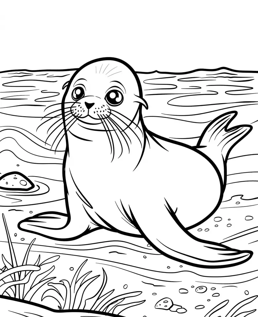 A seal is lying on the shore. It has a round body, small, round ears, and big, round eyes. Its flippers and tail are visible. The seal is looking towards the viewer. The shore is drawn with wavy lines and there are small rocks and seaweed in the background. The image is in black and white.