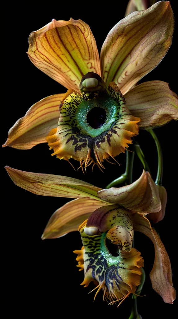 Two intricately patterned orchid flowers with vibrant colors against a black background. The flowers are in focus, showcasing their complex textures and details. One flower displays a bright teal and black patterned center, while the other reveals a more muted black and green center. The petals are a mixture of brown, yellow, and green. The overall effect is one of beauty and complexity.