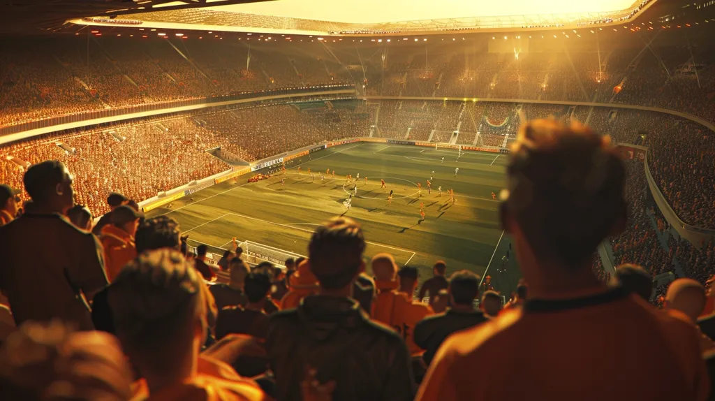 A large crowd of people in orange jerseys are seated in the stands of a stadium, watching a football game. The sun is setting in the distance, casting a warm glow over the scene.  The players on the field are in the middle distance, and the fans in the foreground are silhouetted against the bright light. The atmosphere is electric with anticipation and excitement.