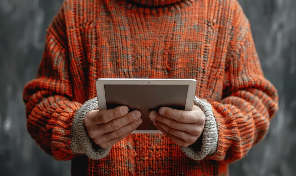 A person wearing an orange knitted sweater holds a tablet in front of them with their hands. The tablet is in the center of the image and the person's face is not visible. The background is a blurred gray wall. The image is a simple, everyday scene.