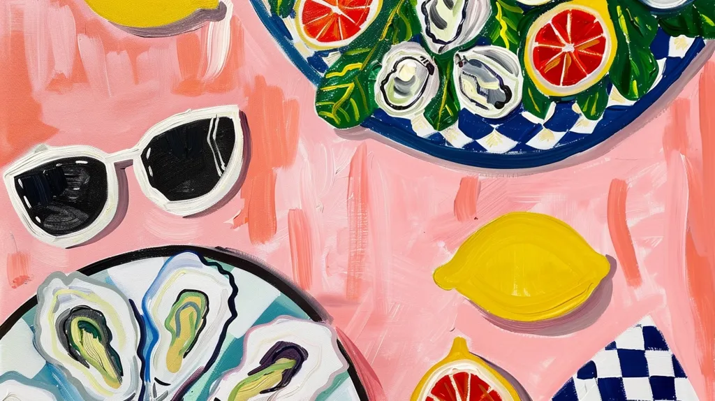 The painting depicts a colorful still life with a pink background. Two plates of oysters, lemons, and a halved grapefruit are scattered across the surface.  A pair of sunglasses lies in the upper left corner. The painting has a playful and vibrant style with bold colors and thick brushstrokes.