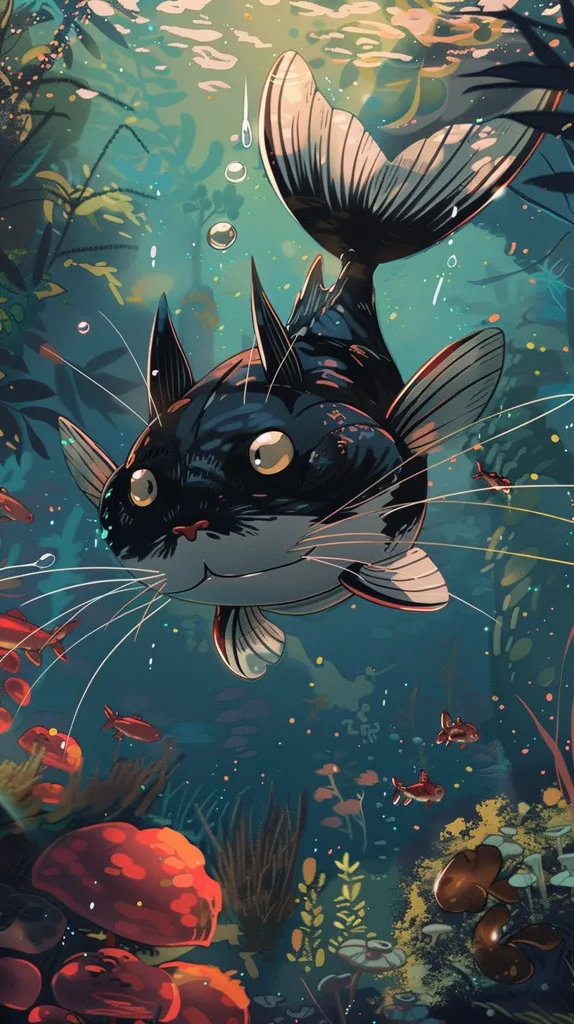 A black and white cat-like fish with a large tail and whiskers swims through a vibrant underwater scene. The water is filled with colorful coral and other aquatic plants, and there are small, red fish swimming around. The fish has large, round eyes and a friendly expression.