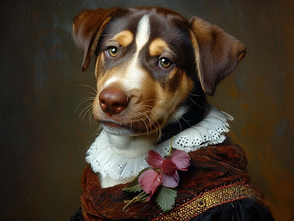 A brown and white dog with a serious expression is dressed in a dark velvet and lace outfit.  It has a large red flower on its chest, giving the image a medieval, renaissance feel. The dog's fur is sleek and soft, and the lighting is dramatic, giving the image a sense of grandeur.  It is likely a portrait of a dog.