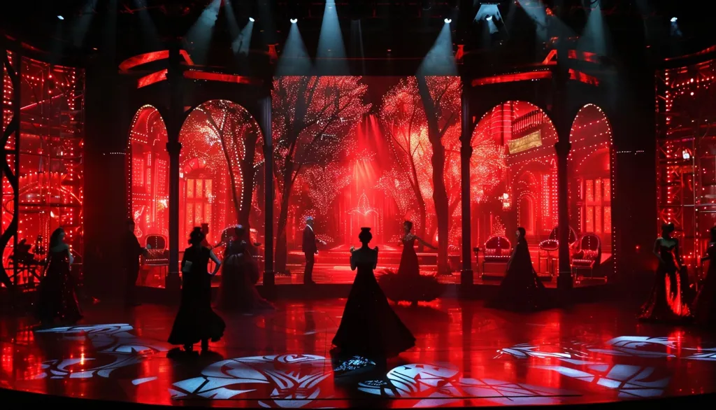 The stage is bathed in a warm red light, illuminated by spotlights. The backdrop features a glowing cityscape, creating a magical ambiance. Silhouettes of performers in long gowns and a male performer in a suit stand on the stage. The stage floor reflects the red light, creating a captivating visual. The overall scene exudes a sense of mystery and enchantment.