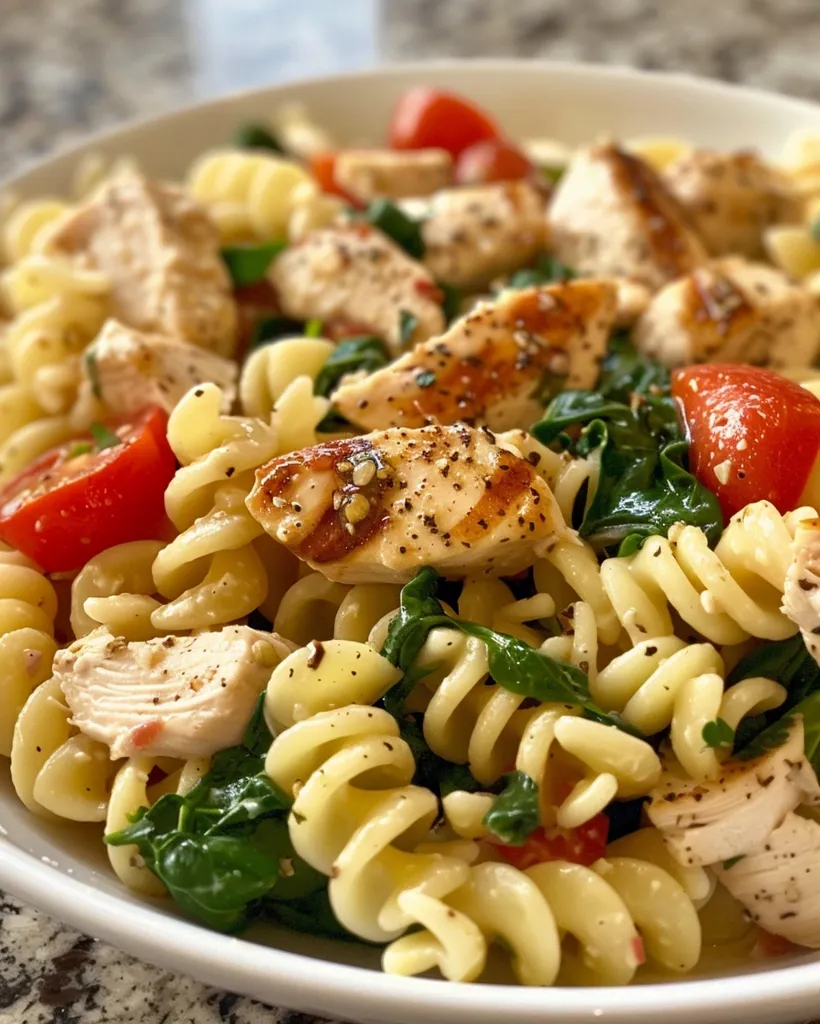 A bowl of pasta salad with grilled chicken, cherry tomatoes, and spinach. The pasta is cooked al dente and the chicken is juicy and flavorful. The salad is dressed with a light vinaigrette.  The dish is a simple and delicious meal that is perfect for a summer day.