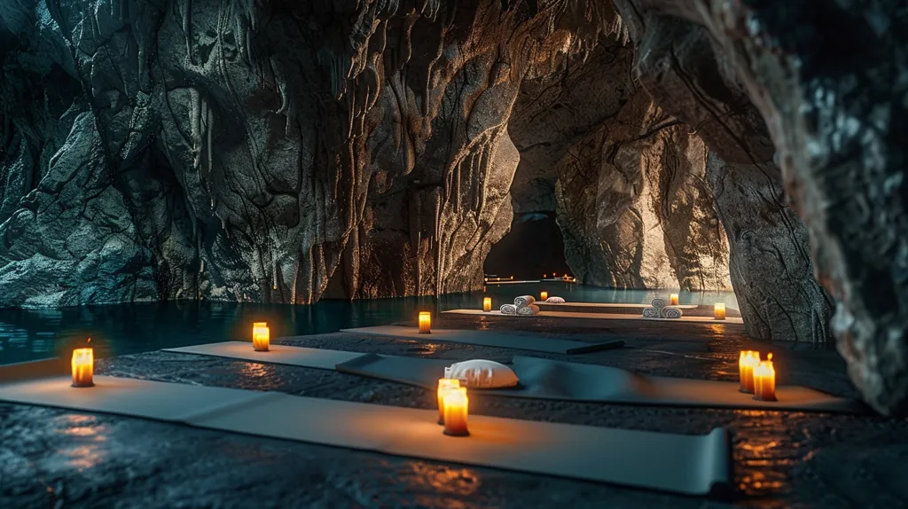 The image shows a serene and secluded spa area inside a cave. The cave walls are rough and textured, creating a natural and rustic ambiance. A calm body of water fills the cave, reflecting the soft glow of candlelight. Yoga mats and towels are arranged neatly on the water's edge, inviting relaxation and rejuvenation. The overall atmosphere is peaceful and tranquil, offering a sense of escape from the outside world.