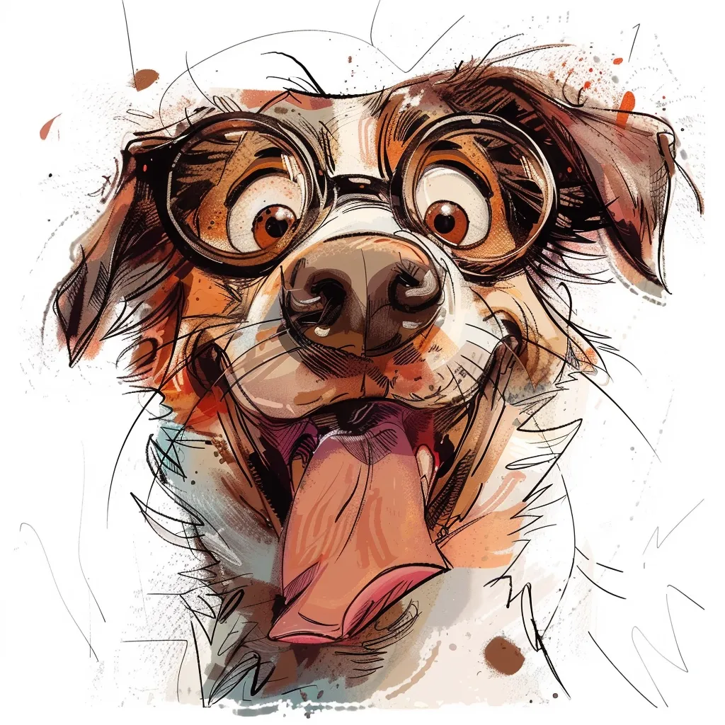 A cartoon dog with big, round eyes and a wide, toothy grin wears round, black glasses. Its tongue hangs out, and the dog's expression is playful and slightly mischievous. The artwork is done in a loose, gestural style with watercolor washes and line work.