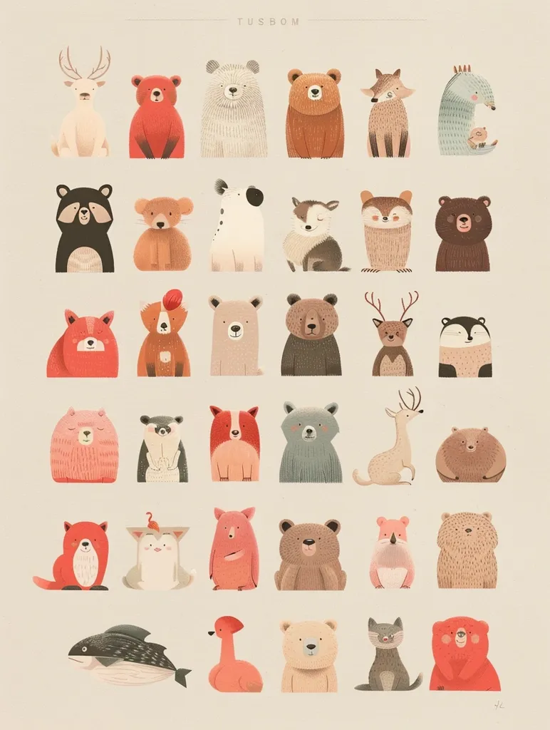 The image depicts a grid of 36 illustrated animal characters in various poses, rendered in a whimsical and colorful style. There are bears, foxes, deer, dogs, cats, and even a whale and a flamingo. Each animal is uniquely designed with subtle details, creating a charming and diverse collection. The background is a simple beige, highlighting the vibrant colors of the characters. The overall aesthetic is playful and inviting, with a touch of whimsy.