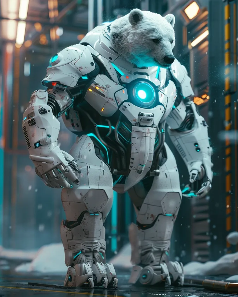 A white polar bear in a white, futuristic mech suit stands in a snowy, industrial setting. The suit has glowing blue accents and is heavily armored. The bear's head is visible inside the suit, giving it a menacing, but somewhat comical, appearance. The image evokes a sense of both power and absurdity.