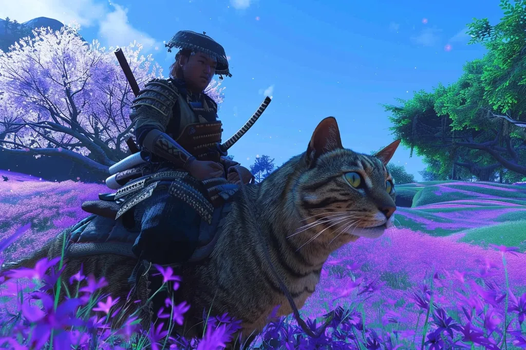 A samurai, dressed in traditional armor and a straw hat, rides a large, tabby cat through a field of purple flowers. The cat is looking to the right, while the samurai is facing forward. The sky is a bright blue with white clouds. The scene is a whimsical and fantastical one, with a touch of Japanese culture.