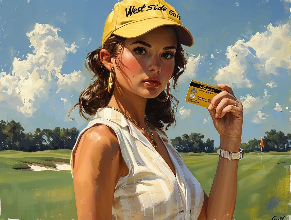 A young woman with long brown hair wears a yellow baseball cap that says "West Side Golf". She holds a gold credit card in one hand and a golf club in the other. She is standing on a golf course with a bright blue sky and white fluffy clouds in the background. The woman is smiling and looks happy to be playing golf.