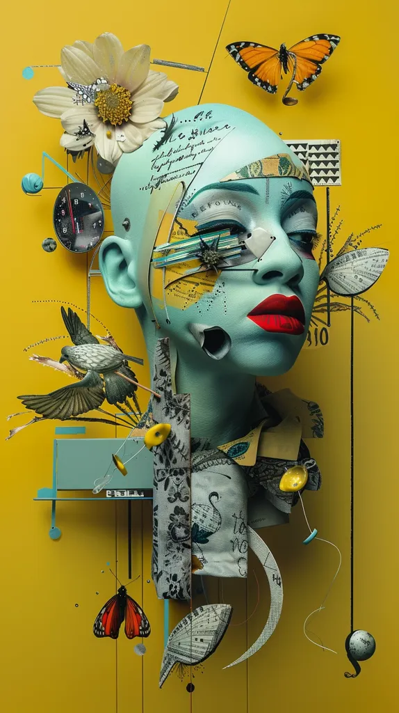 The image is a collage with a yellow background. The central figure is a woman's face, made of textured paper and fabric. Her face is blue with red lips, and her eyes are shadowed.  She is adorned with butterflies, birds, flowers, and abstract shapes.  The edges of the collage are defined by lines and geometric forms, adding to the abstract nature of the work.