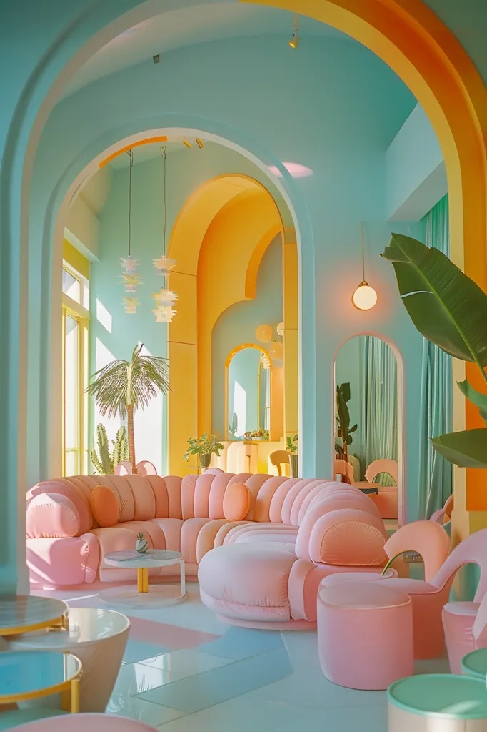 The image showcases a spacious living room with a unique design aesthetic. The walls are painted in a soothing pastel blue, with arched doorways leading into other rooms, creating a sense of depth and perspective. The room is adorned with a bright pink, modular sofa, positioned in the center, and is surrounded by a series of decorative arches painted in a vibrant yellow. Large windows provide natural light, illuminating the room, which also features a collection of plants and modern light fixtures. The overall vibe is playful and elegant, with a touch of retro charm.