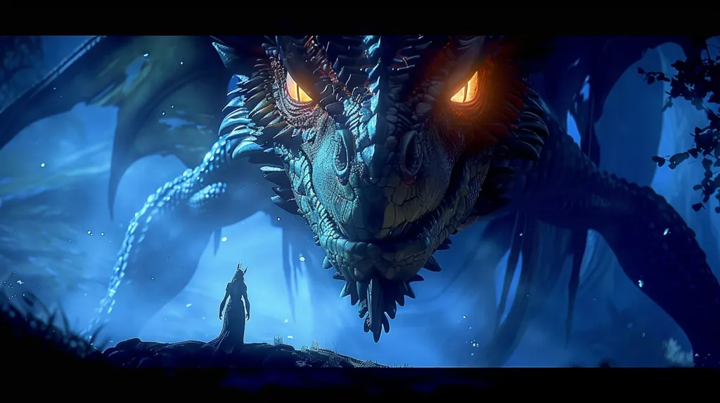 A massive blue dragon, with glowing yellow eyes, looms over a small, silhouetted figure. The dragon's head is close to the figure, with its jaws slightly open, giving a sense of impending threat. The background is a dark, swirling blue, with hints of distant trees. The scene is bathed in a cool, ethereal light, creating an atmosphere of awe and danger.