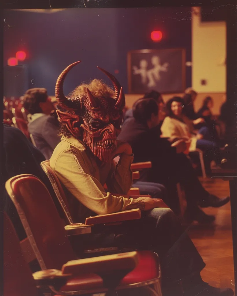 A person wearing a red devil mask sits in a theater seat, their hand resting on their chin. The theater is dimly lit, with other people sitting in the rows behind them. The person in the devil mask is looking down and seems to be lost in thought. The image creates a mysterious and slightly eerie atmosphere.